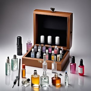 Op de afbeelding: Een verzameling parfumflesjes en vials in diverse vormen. De flesjes worden gepresenteerd in een bruine houten kist en op een reflecterend oppervlak. Sommige zijn transparant, andere gekleurd, met vloeistoffen in verschillende tinten.