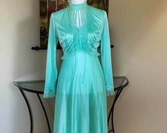 Amazing Vintage 1970s Maxi Dress Set | Caged Neck | Empire Waist | Long Sheer Flowing Gown | Ruffled Bolero Crop Jacket | Rare Mint Green