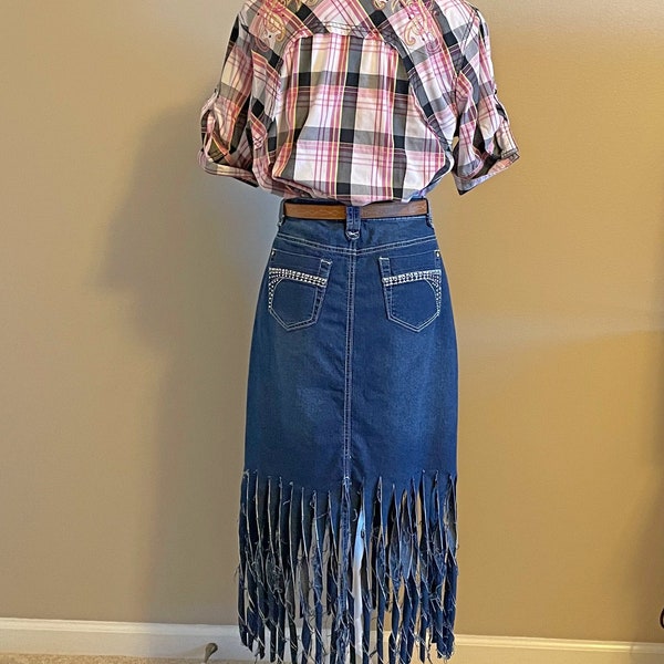 Long Fringe Denim Jean Maxi Skirt Size 6 Bling Pockets UpCycled Recycled OOAK Gypsy Hippie Boho OOAK, Wild Fringe