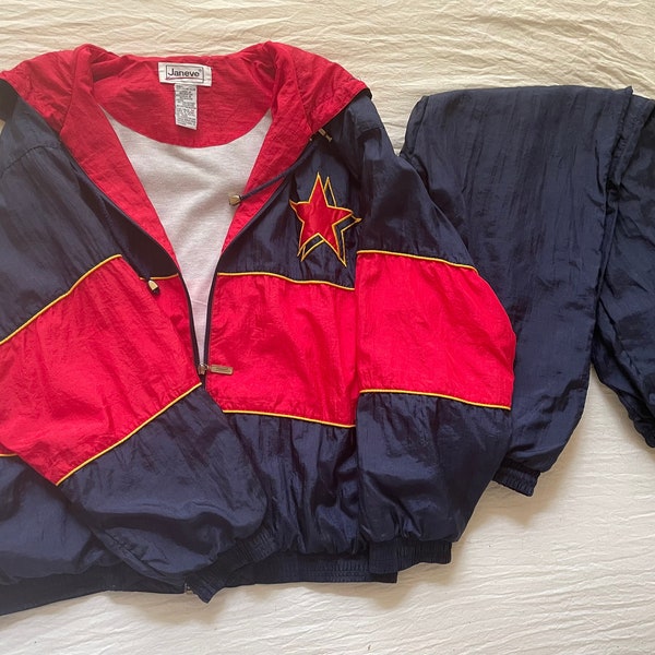 Vintage Unixex Tracksuit Set by Janeve, Blue, Red, Gold Piping, Sporty, Y2k Streetwear, Hoodie Windbreaker Set