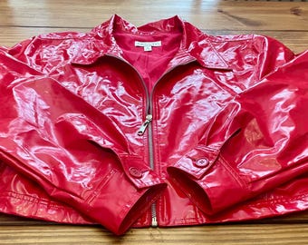 Vintage Karen Kane Red Vinyl Cropped Moto Jacket – 90s Y2K PVC Look XL