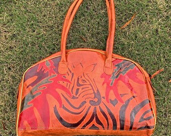Vintage 90s Leather, Zebra Shoulder Handbag, Zip Closure