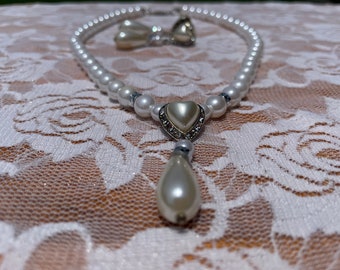 Vintage Faux Pearl Rhinestone Necklace Earring Set: Art Deco Bridal Jewelry