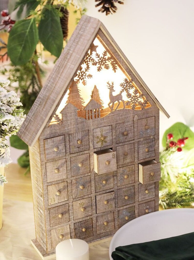 With Lights Advent Calendar Wooden House christmas decor ideas