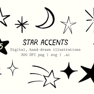 Könnte beinhalten: Eine Sammlung von handgezeichneten schwarzen Himmelsillustrationen, darunter verschiedene Sterne, eine Mondsichel und Funken. Der Text lautet: STAR ACCENTS, Digital, hand-drawn illustrations, 300 DPI png | svg | .ai. Ein ausgefüllter schwarzer Stern enthält die Zahl 25.