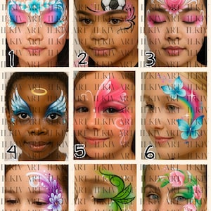 Peut inclure: Présentation de neuf modèles de maquillage artistique pour le visage, chacun avec des œuvres d'art colorées et créatives. Les motifs incluent des thèmes floraux, de papillons et sportifs. Le texte "FACE PAINTING DESIGNS" est en haut.