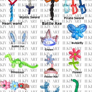 Puede incluir: Una colección de esculturas de animales y objetos de globos de colores, que incluyen una varita de corazón, una espada mística, un hacha de batalla, una espada pirata, un sombrero de conejo, una corona, una mariposa, un dinosaurio, un sombrero de flores, una flor, una pulsera de flores, un perro y una serpiente.