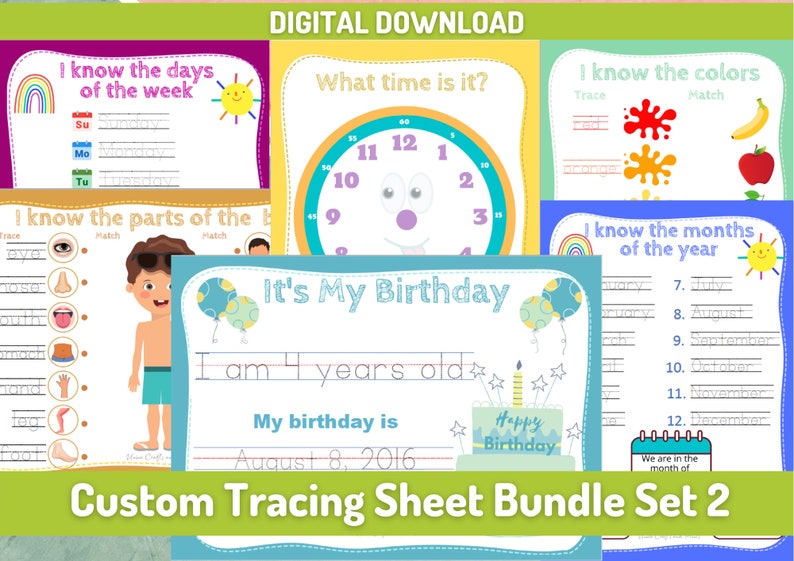 Custom Birthday Tracing Sheet Set 2, Handwriting Practice Digital