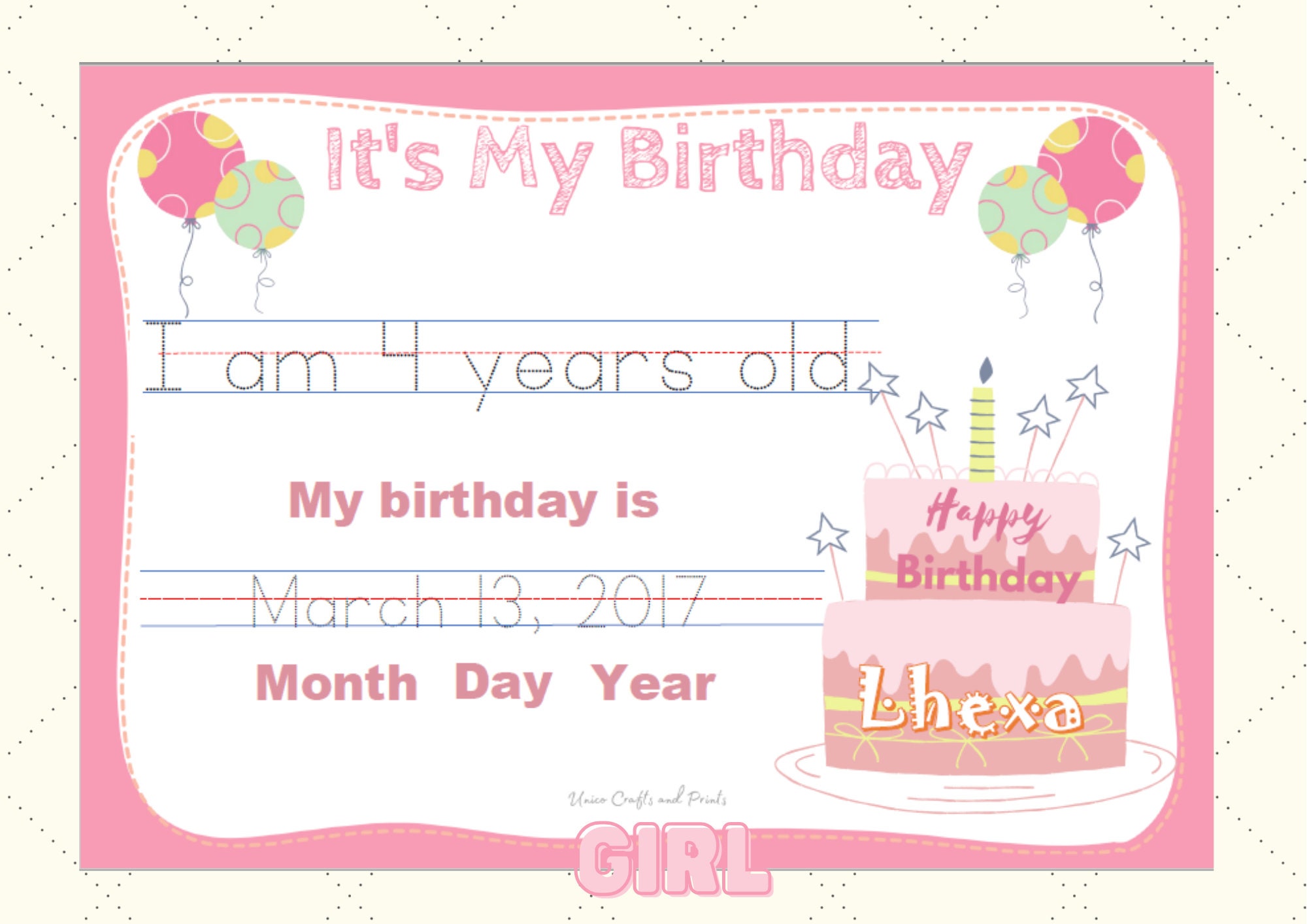 Custom Birthday Tracing Sheet Set 2, Handwriting Practice Digital
