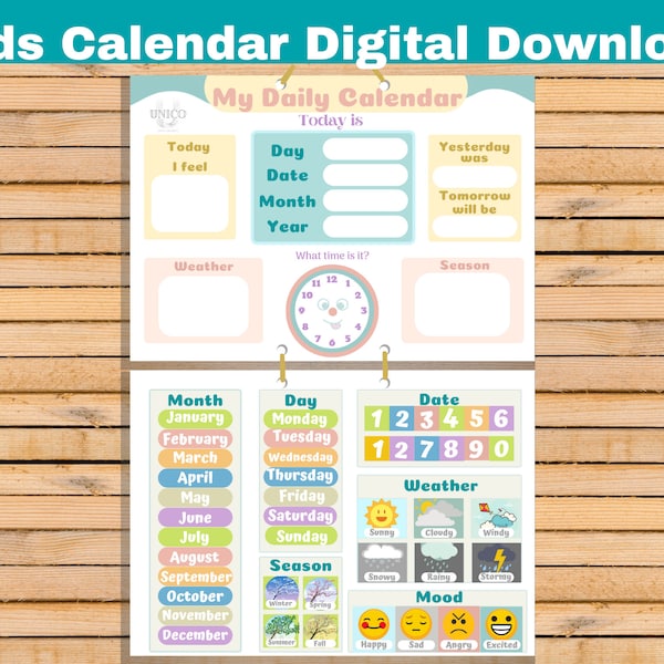 Kalender Arbeitsblatt, DIY Kind Lernmaterial Montessori, digital, druckbar für Kinder, Kleinkind, Vorschulkind, mit Wetter, Jahreszeit, Zeit