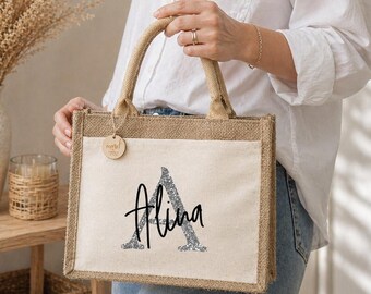 Bolsa de yute personalizada con nombre e inicial | Bolsa de regalo | Cumpleaños | Navidad | Día de la Madre | 3 tamaños