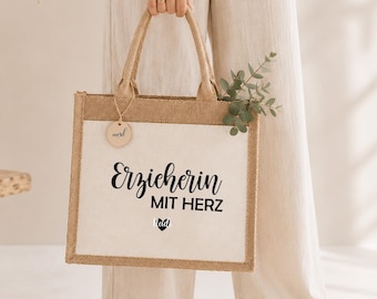 Bolsa de yute personalizada con profesión y nombre | Maestra de jardín de infancia con corazón | Impresión a un solo color | 4 tamaños | Regalo para ella