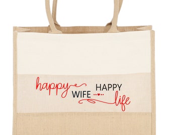 Jutetasche Happy Wife - Happy Life  MAMA-Geschenke | Jute-Shopper groß Nachhaltig | Fair Klimaneutral | Einkaufstasche Größe 35x42x15cm