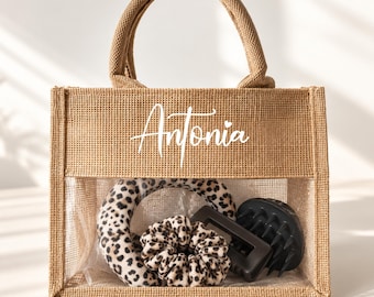Personalized jute bag with window | Wellness gift set: headband, head massage brush, hair clip, scrunchie (leopard print or black)