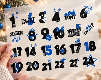 Personalized Advent calendar iron-on transfers 1-24 DTF – typography font for ironing on, DIY fabric bags, A4 or A3 incl. instructions