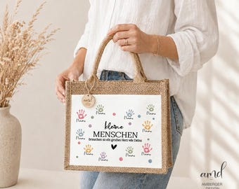 Bolsa de yute personalizada con nombres y huellas de manos de niños – para los más pequeños – regalo para maestros/cuidadores de preescolar – tallas S y L – regalo de despedida