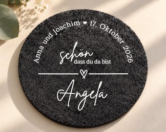 Personalized felt coasters with name and date | Wedding table decoration, place card & guest favor | 6 felt colors, 10 cm