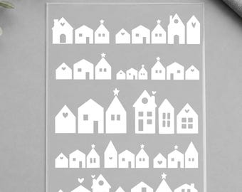 UV DTF Rub On Sticker Houses White – Row of Houses Winter Village – Stickers for Lanterns, Glass & Candles – A5 Advent Christmas