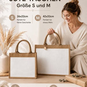 May include: Two rectangular jute tote bags with natural brown sides and a white front panel. The smaller bag measures 26x22cm and the larger bag measures 42x33cm. Both bags feature sturdy handles and a laminated interior for easy cleaning.