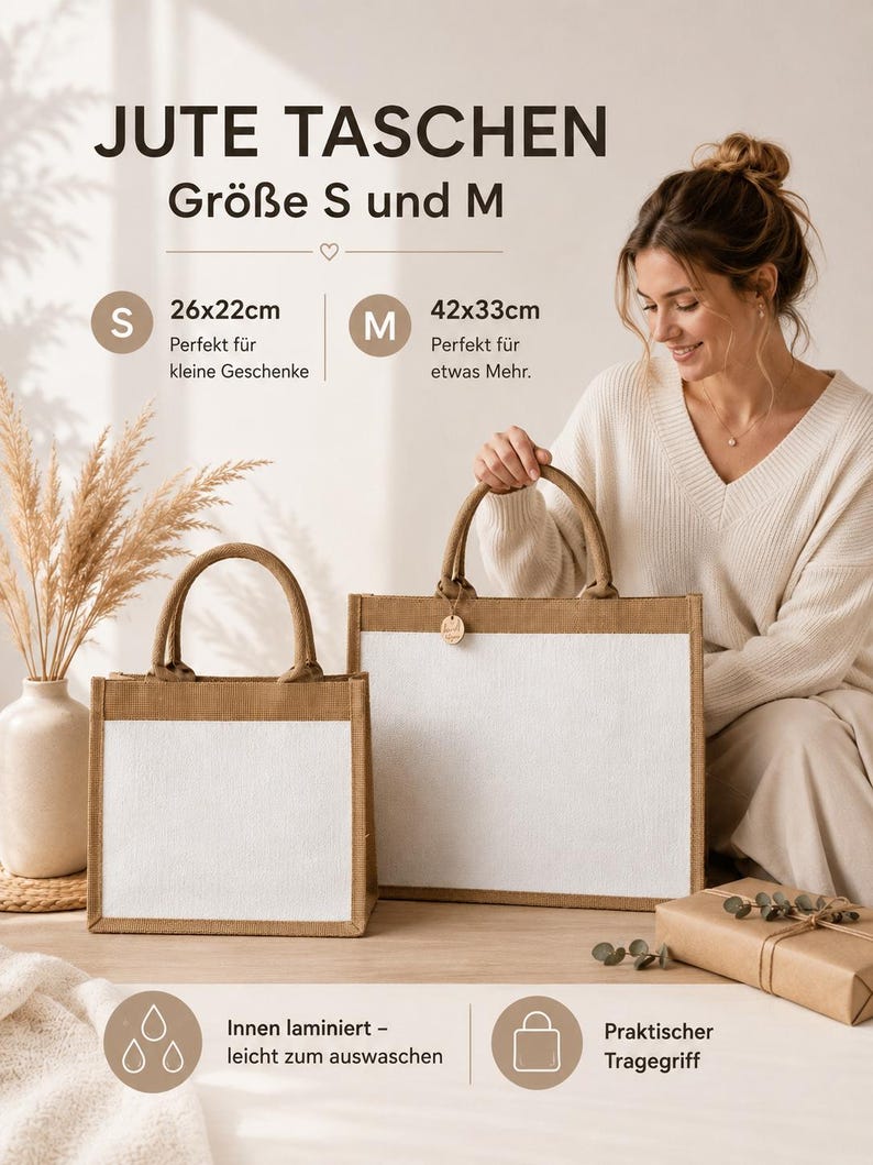May include: Two rectangular jute tote bags with natural brown sides and a white front panel. The smaller bag measures 26x22cm and the larger bag measures 42x33cm. Both bags feature sturdy handles and a laminated interior for easy cleaning.