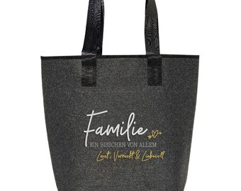 Filztasche mit Spruch FAMILIE "bestickt" Shopper grau groß - Einkaufstasche | Hochwertig | 44x26cm Motive: "Familie ein bisschen von allem"