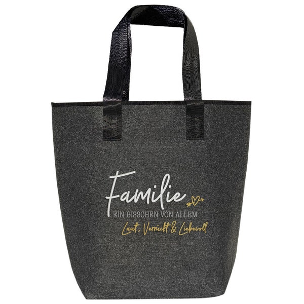 Filztasche mit Spruch FAMILIE "bestickt" Shopper grau groß - Einkaufstasche | Hochwertig | 44x26cm Motive: "Familie ein bisschen von allem"