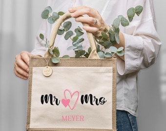 Jute-Tasche „Mr & Mrs“ personalisiert – Hochzeitsgeschenk für Brautpaar – Tasche mit Namen – JGA und Flitterwochen Accessoire