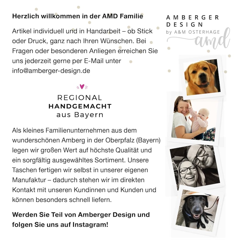 Pu&ograve; includere: Immagine promozionale per Amberger Design, con testo in tedesco e un collage di foto. Il testo d&agrave; il benvenuto alla famiglia AMD ed evidenzia gli articoli fatti a mano. Il collage include foto di un cane, una madre con un bambino e una coppia.