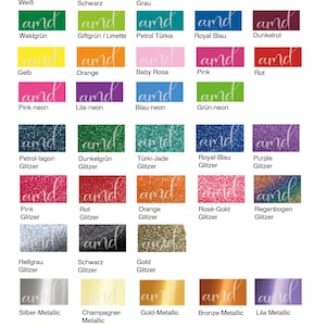 Pu&ograve; includere: Una tabella colori con una variet&agrave; di tonalit&agrave; e finiture, tra cui opzioni glitterate e metallizzate. La tabella mostra colori come bianco, nero, grigio, verde, blu, rosa e arancione, con etichette in tedesco.
