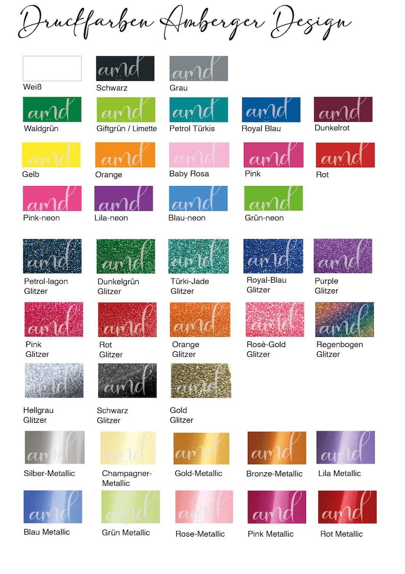 Pu&ograve; includere: Una tabella colori con una variet&agrave; di tonalit&agrave; e finiture, tra cui opzioni glitterate e metallizzate. La tabella mostra colori come bianco, nero, grigio, verde, blu, rosa e arancione, con etichette in tedesco.