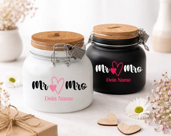 Hucha para el Sr. y la Sra. con nombres, hucha de cristal con tapa de corcho, ideal como regalo de bodas, regalo de dinero para los novios, regalo de boda, hucha nupcial.