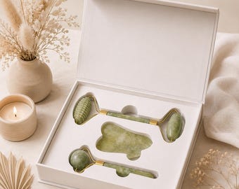 Set de regalo de Gua Sha de jade | Masaje facial | Rodillo de jade | Set de belleza | Regalo de bienestar para mujeres