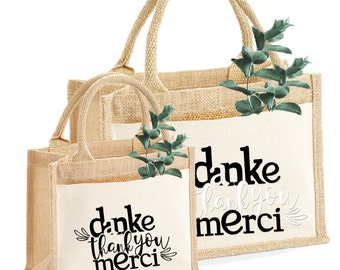 Geschenktasche aus Jute Motiv: "Danke Thank-you Merci" | Jute-Beutel Dankeschön | Größe S & M | Danke | thank you | merci | Freundschaft