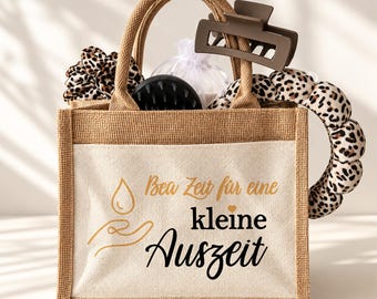Personalized jute bag "Little Break" with name | Wellness gift set with headband, head massage brush, hair clip & scrunchie | S M L