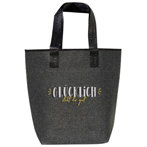 Filztasche bestickt Shopper Farbe grau groß | Hochwertig | 44x26cm Motive: "Glücklich steht dir gut"