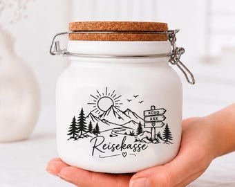 Personalized Glass Travel Fund | Money Box with Name & Lock | Holiday Fund Gift for Couples, Weddings, Birthdays | Mountain Signpost