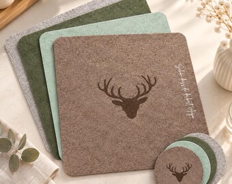 Felt deer placemats | 6 placemats 40 x 35 cm | 12 coasters Ø 10 cm | Country-style table decoration | Christmas | Beige, brown, sage, green