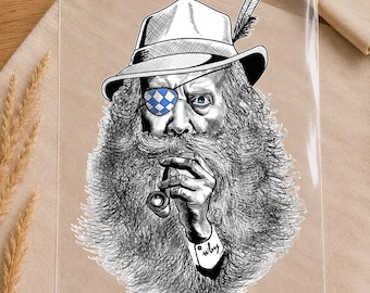 Transferencia termoadhesiva DTF Seppl Peter Hombre bávaro con pipa | Motivo moderno tradicional para camisa | Parche de ojo de diamante con diseño de Oktoberfest Wiesn