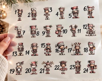Advent calendar iron-on transfers 1-24 DTF – numbers & nutcracker figures for ironing on, DIY fabric bags, A4 or A3 incl. instructions