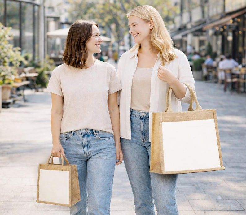 Puede incluir: Dos bolsas de mano rectangulares de yute con paneles blancos s&oacute;lidos en la parte frontal. La bolsa m&aacute;s peque&ntilde;a tiene asas cortas, mientras que la m&aacute;s grande tiene asas m&aacute;s largas. Ambas bolsas est&aacute;n hechas de tela de yute tejida en color canela.