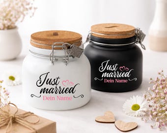 Hucha para recién casados con nombre, tarro de cristal con tapa de corcho, regalo de boda, regalo de dinero para los novios, regalo de boda, alcancía de boda.