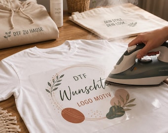 DTF Transfer individuell mit eigenem Motiv oder Firmenlogo – Bügelbild für T-Shirt, Tasche, Arbeitsbekleidung