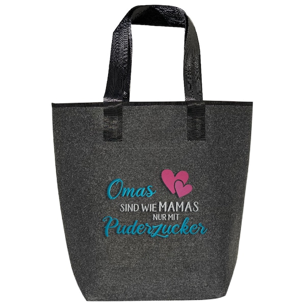 Filztasche bestickt mit Spruch OMA | bestickte Einkaufstasche/Shopper | Hochwertig | 44x26cm "Omas sind wie Mamas nur mit Puderzucker"