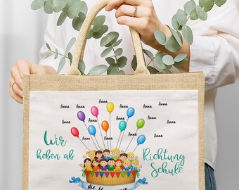 Bolsa de yute personalizada para el primer día de clases | Regalo de despedida de jardín de infantes | ¡A la escuela! | Hasta 20 nombres | Talla L