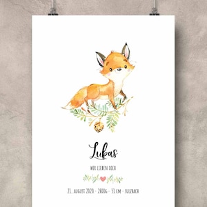 Póster infantil con fecha de nacimiento, nacimiento de un pequeño zorro, impresión artística personalizada con nombre, tamaño A4, A3, PDF, regalo para bebé, cumpleaños.