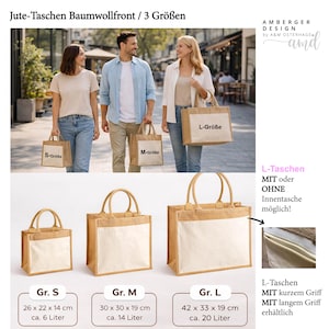 Pu&ograve; includere: Borse tote in juta con fronte in cotone, disponibili in tre misure: piccola (26 x 22 x 14 cm), media (30 x 30 x 19 cm) e grande (42 x 33 x 19 cm). L'immagine mostra persone che trasportano le borse. Le borse sono disponibili con o senza tasca interna.
