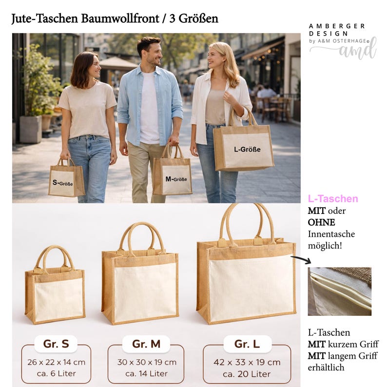 Pu&ograve; includere: Borse tote in juta con fronte in cotone, disponibili in tre misure: piccola (26 x 22 x 14 cm), media (30 x 30 x 19 cm) e grande (42 x 33 x 19 cm). L'immagine mostra persone che trasportano le borse. Le borse sono disponibili con o senza tasca interna.