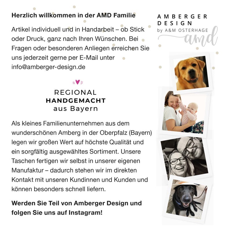 May include: A white informational flyer for Amberger Design featuring the text Herzlich willkommen in der AMD Familie, Regional Handgemacht aus Bayern, and contact details. Four square photos show a golden dog, a parent with a baby, a couple, and a black dog.