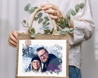 Personalisierte Jute-Tasche Fotodruck Geschenktasche Dankeschön Erinnerung Ruhestand JGA Hochzeit Baby - personalisierte Jute-Tasche