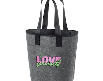 Filztasche GRAU | bestickt | Einkaufsshopper Damen groß | Hochwertig | 44x26cm | Motiv: "LOVE yourself"